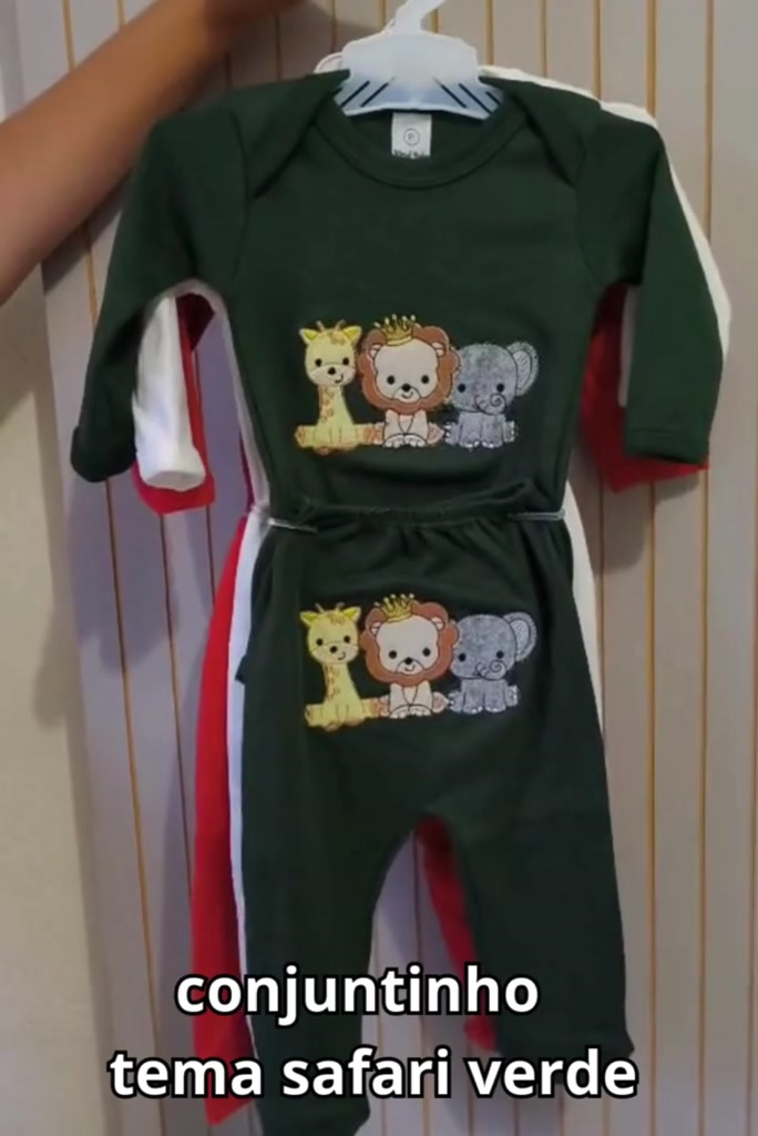 Body Bebê menino e menina Conjunto 3 peças com mijão bordado e sapatinho Safari