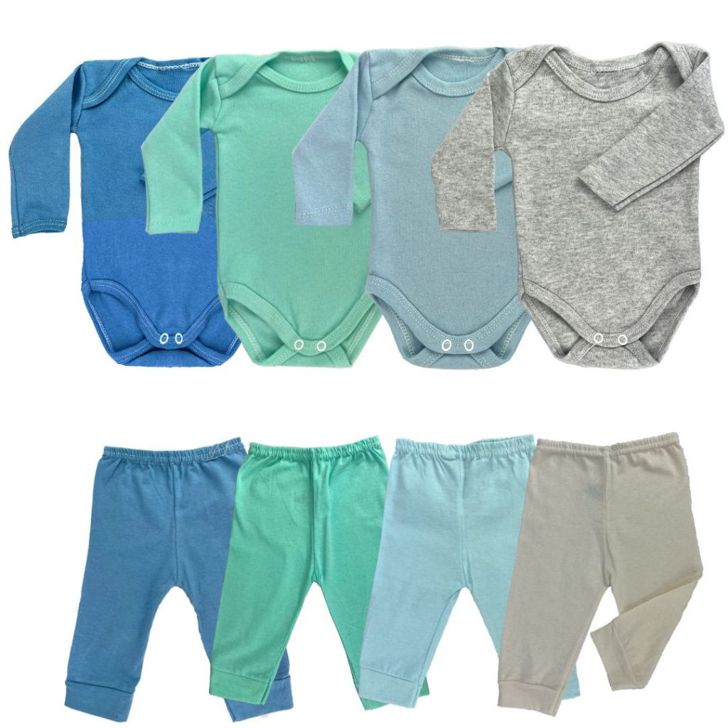 Kit 4 Peças Bebê – Body Manga Longa + Calça (100% Algodão) Masculino & Feminino