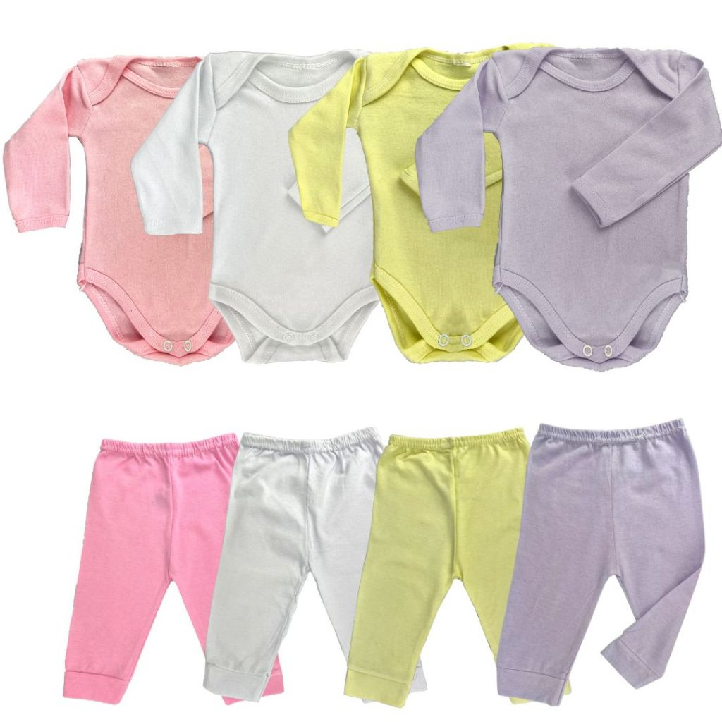 Kit 4 Peças Bebê – Body Manga Longa + Calça (100% Algodão) Masculino & Feminino