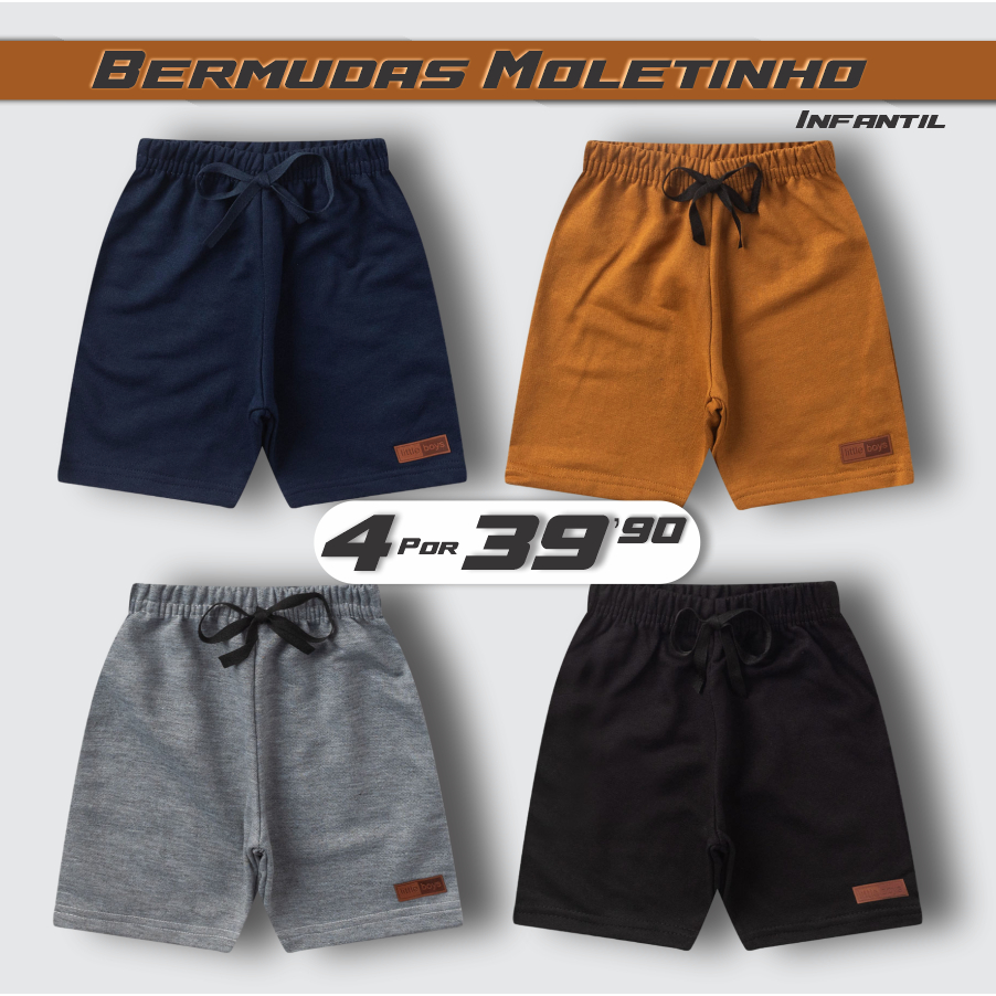Kit C/ 4 Bermudas Para Menino - Moletinho de Algodão - Kit Sortido Com 4 Cores Diferentes OFERTA