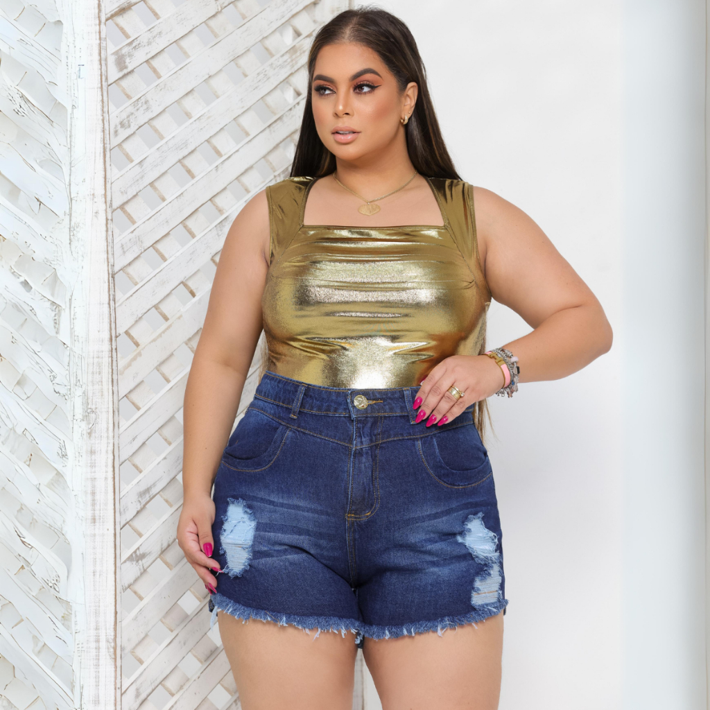Short Jeans Plus Size Feminino Cós Alto 100% Algodao ( Não estica )