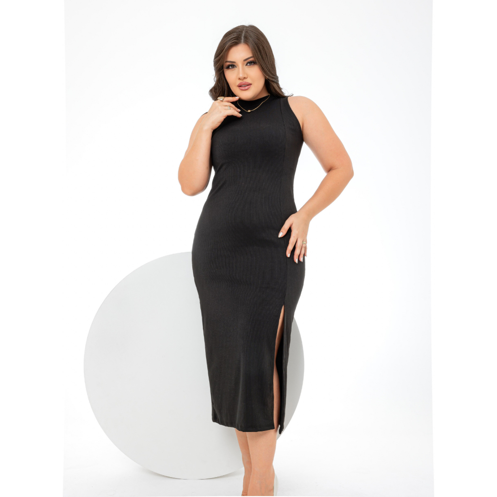 Vestido Midi PAZME Plus Size Regata Larga C/ Fenda Frontal