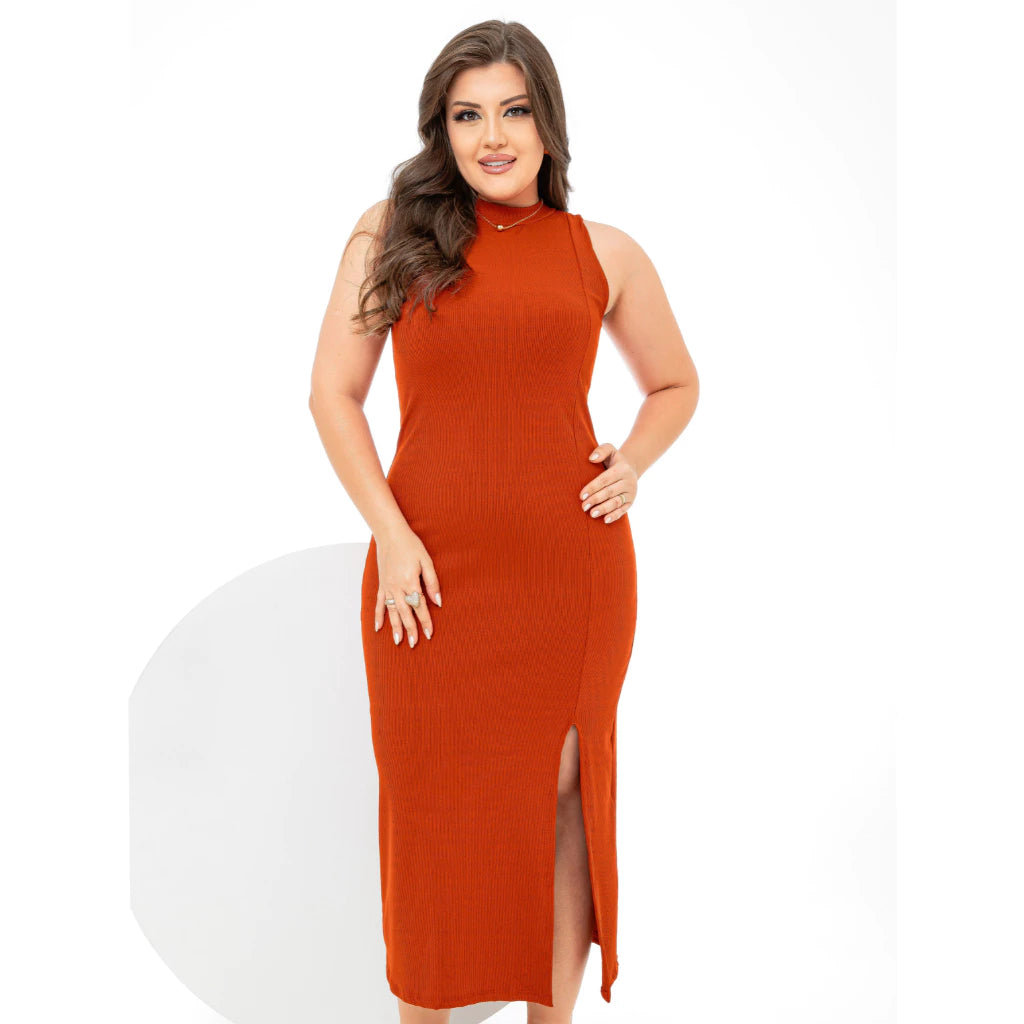 Vestido Midi PAZME Plus Size Regata Larga C/ Fenda Frontal