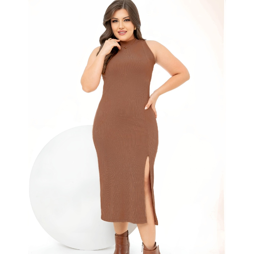 Vestido Midi PAZME Plus Size Regata Larga C/ Fenda Frontal