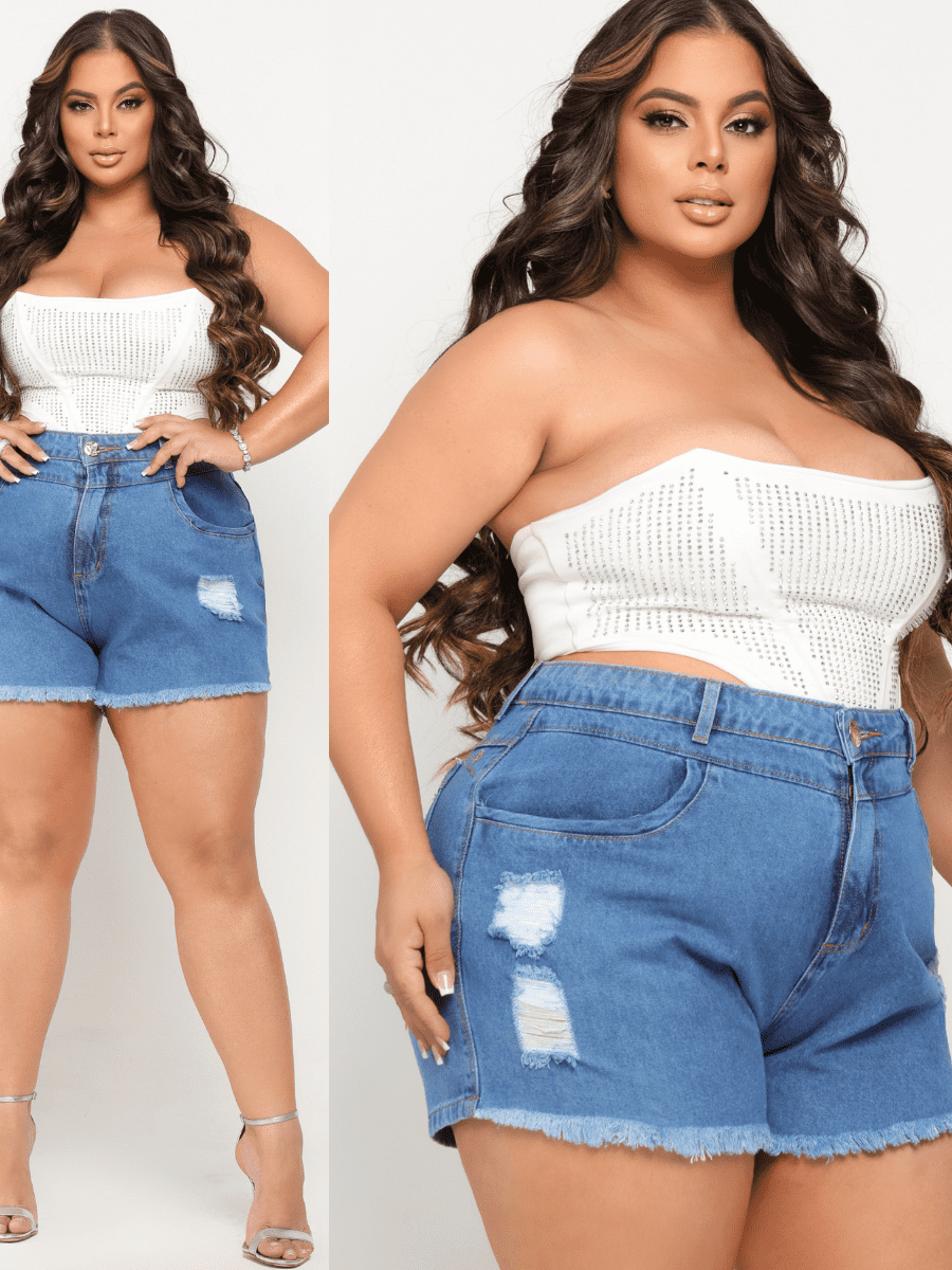 Short Jeans Plus Size Feminino Cós Alto 100% Algodao ( Não estica )
