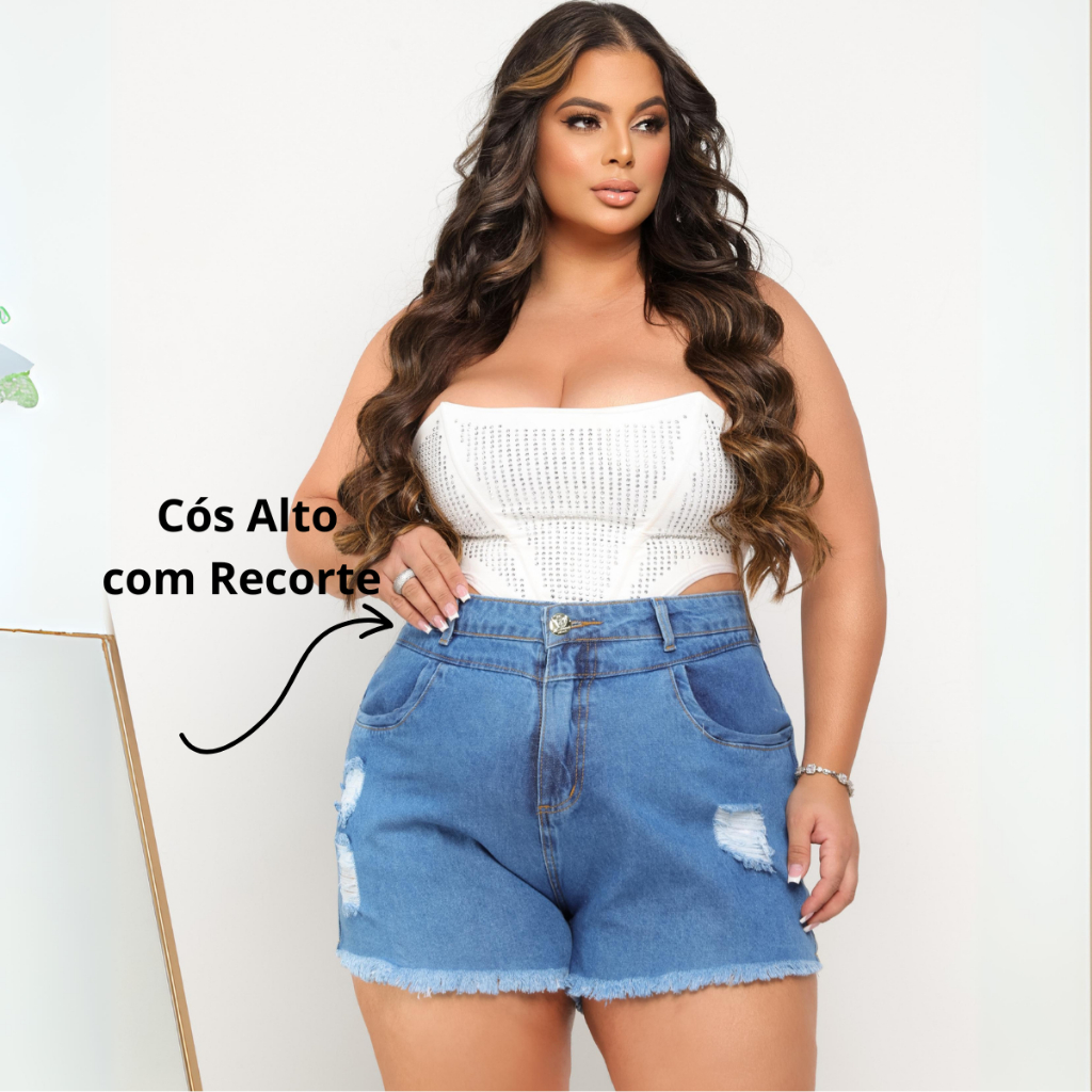 Short Jeans Plus Size Feminino Cós Alto 100% Algodao ( Não estica )