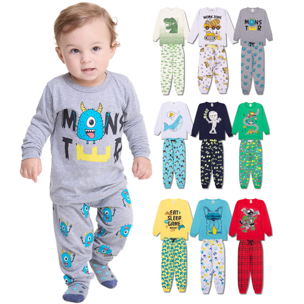 Kit Sortido 4 Peças Pijama Infantil Menino Manga Comprida Tamanho 1 ao 10