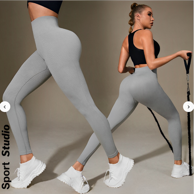Calça Legging Canelada de Cintura Alta Sem Costura para Academia Feminina, Elástica e Fitness