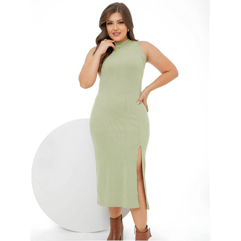 Vestido Midi PAZME Plus Size Regata Larga C/ Fenda Frontal