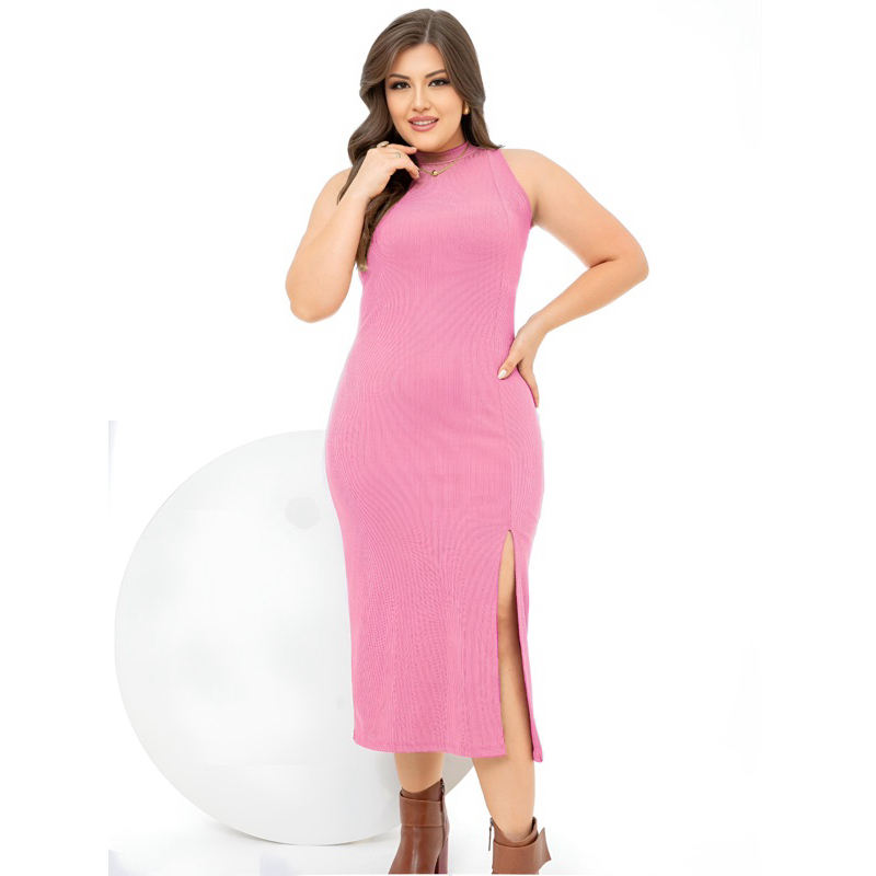 Vestido Midi PAZME Plus Size Regata Larga C/ Fenda Frontal