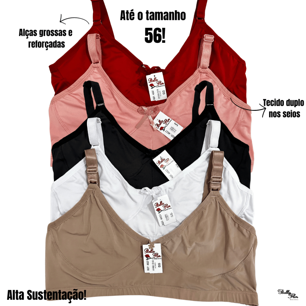 Kit 2 Sutiãs Plus Size Reforçado Alta Sustentação Tecido Duplo Alças Grossas Sem Bojo