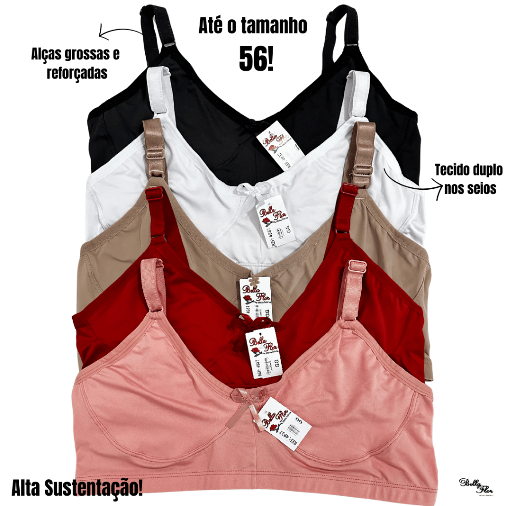 Kit 2 Sutiãs Plus Size Reforçado Alta Sustentação Tecido Duplo Alças Grossas Sem Bojo