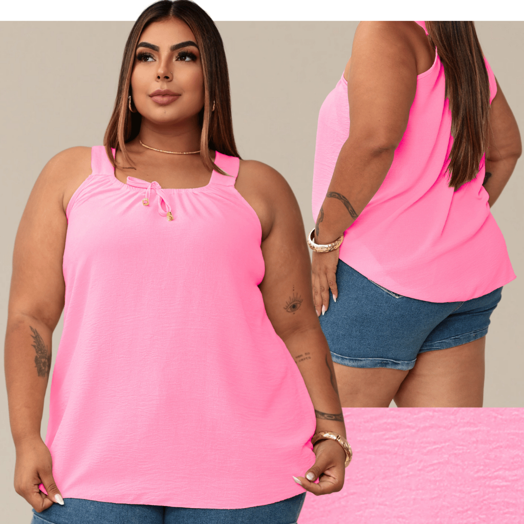 Blusa Regata Feminina Plus Size Elastico Na Gola Com Ponteira Dourada Tendencia