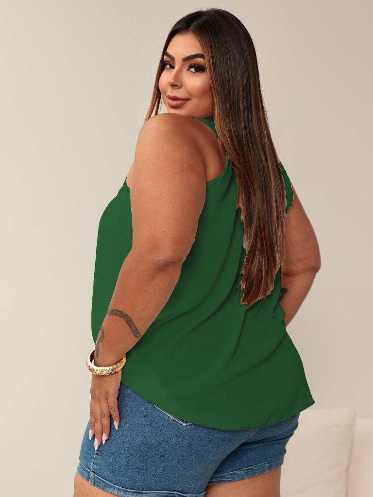 Blusa Regata Feminina Plus Size Elastico Na Gola Com Ponteira Dourada Tendencia