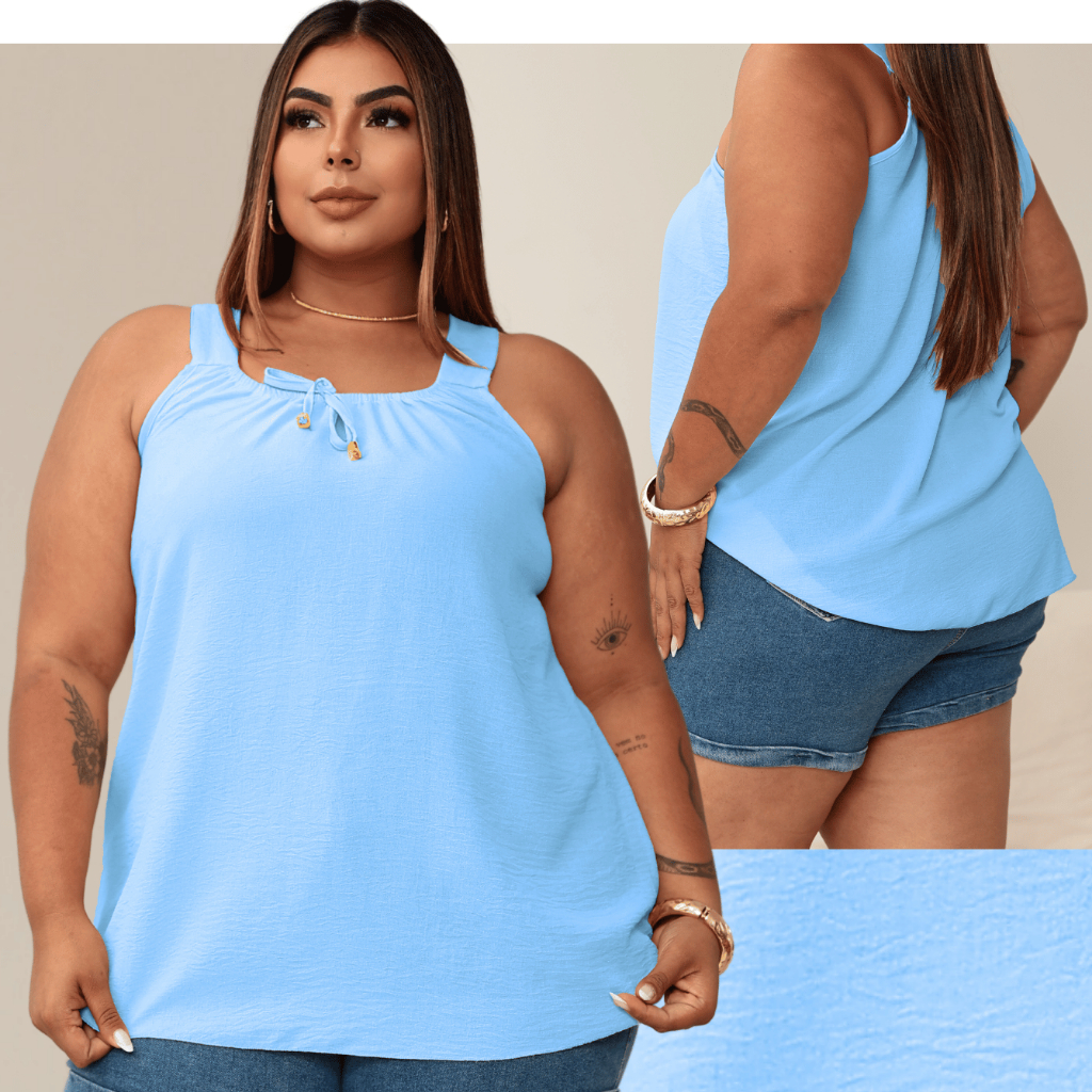 Blusa Regata Feminina Plus Size Elastico Na Gola Com Ponteira Dourada Tendencia