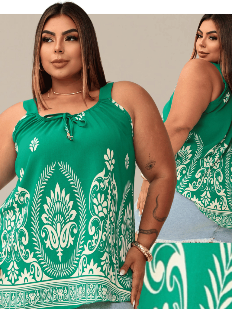 Blusa Regata Feminina Plus Size Elastico Na Gola Com Ponteira Dourada Tendencia