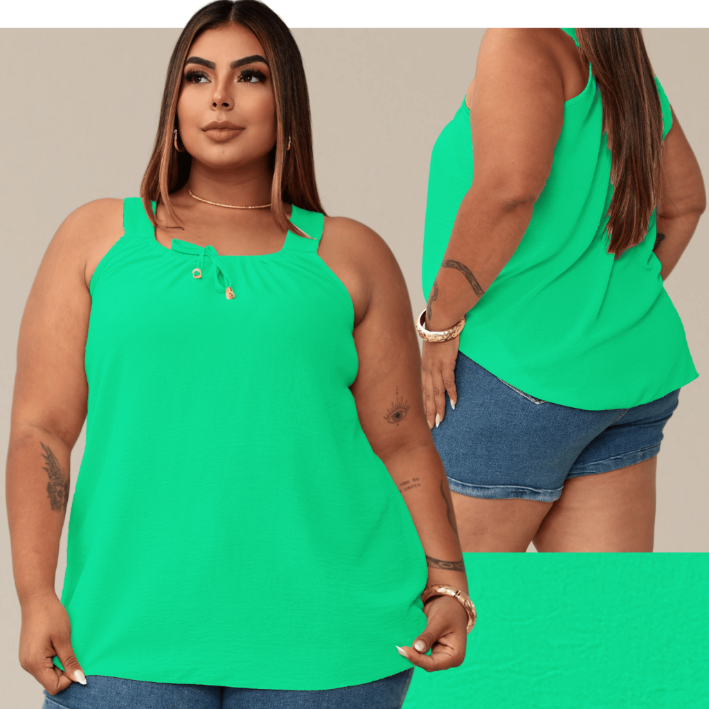 Blusa Regata Feminina Plus Size Elastico Na Gola Com Ponteira Dourada Tendencia