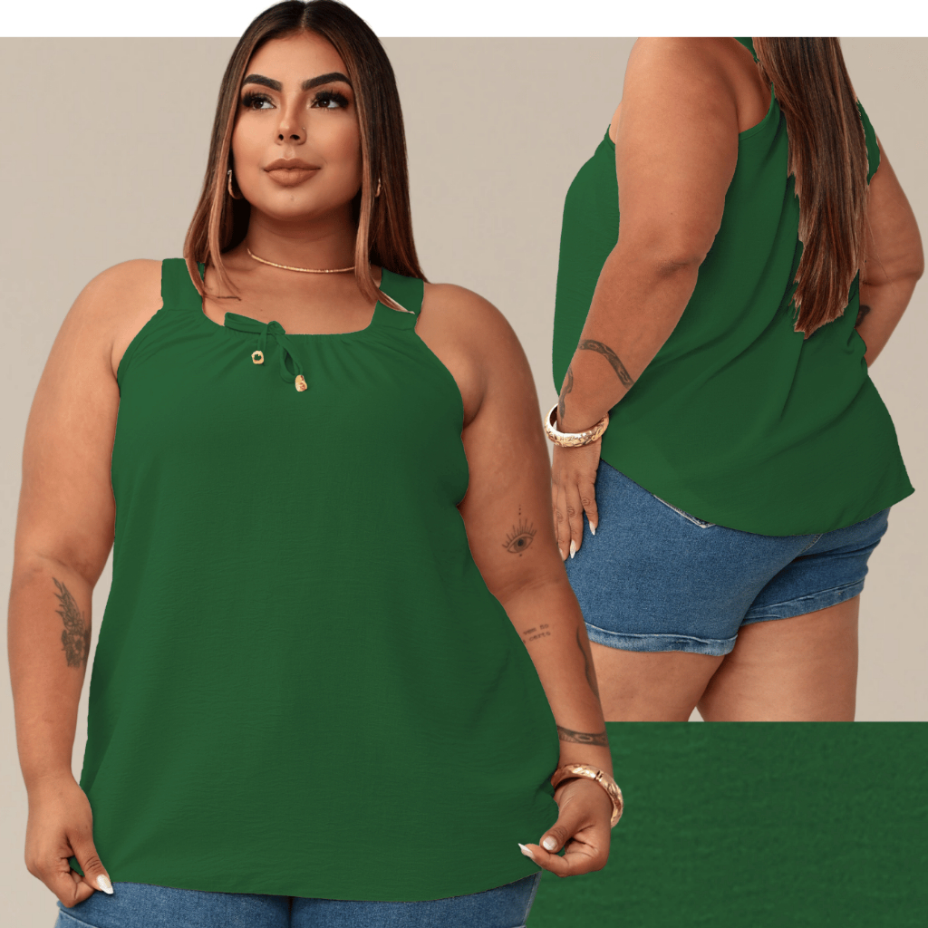 Blusa Regata Feminina Plus Size Elastico Na Gola Com Ponteira Dourada Tendencia