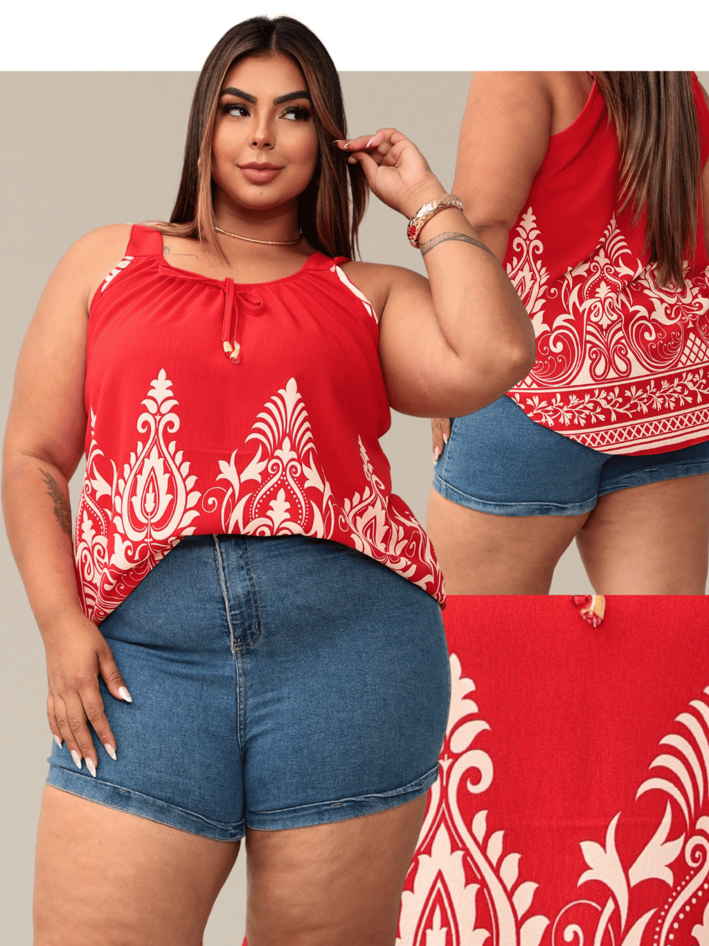 Blusa Regata Feminina Plus Size Elastico Na Gola Com Ponteira Dourada Tendencia