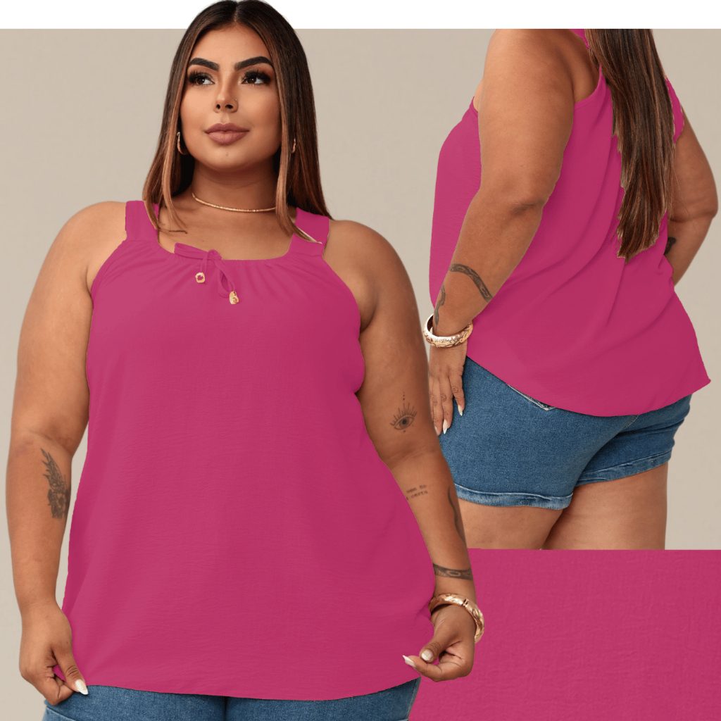 Blusa Regata Feminina Plus Size Elastico Na Gola Com Ponteira Dourada Tendencia