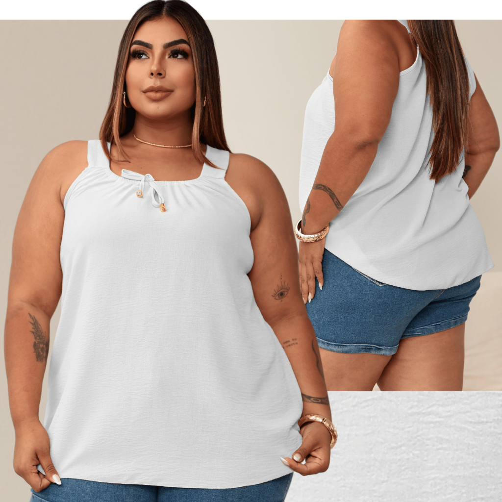 Blusa Regata Feminina Plus Size Elastico Na Gola Com Ponteira Dourada Tendencia