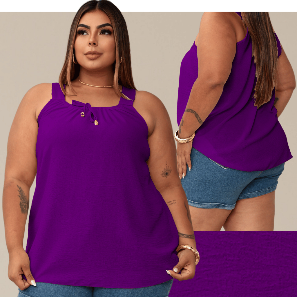 Blusa Regata Feminina Plus Size Elastico Na Gola Com Ponteira Dourada Tendencia