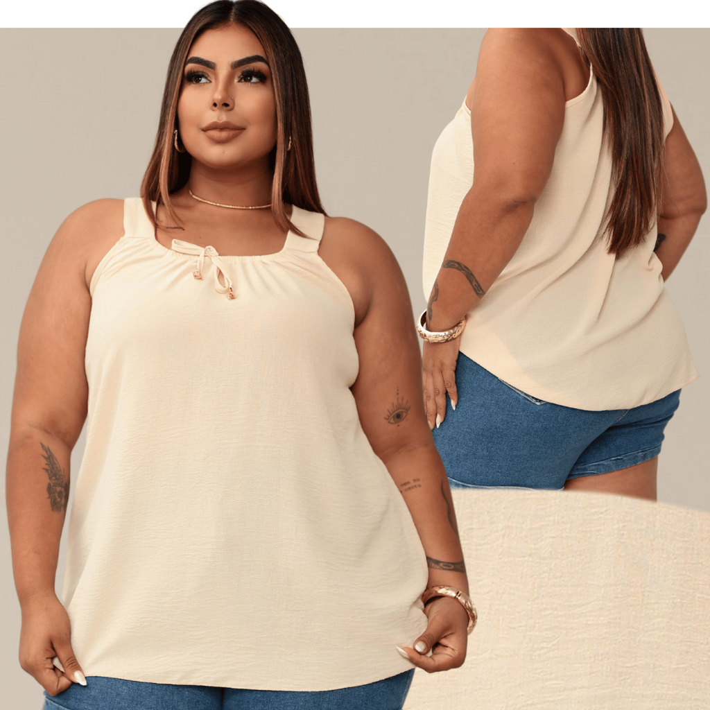 Blusa Regata Feminina Plus Size Elastico Na Gola Com Ponteira Dourada Tendencia