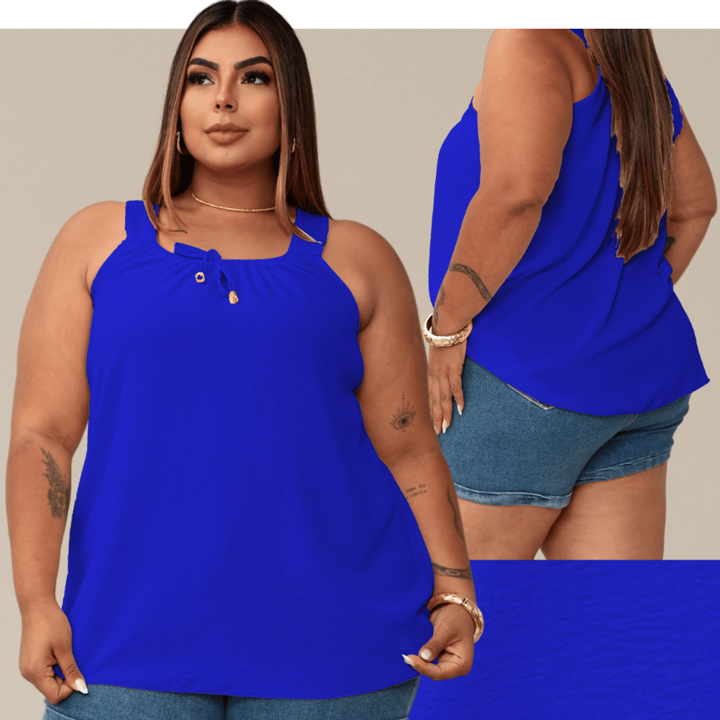 Blusa Regata Feminina Plus Size Elastico Na Gola Com Ponteira Dourada Tendencia