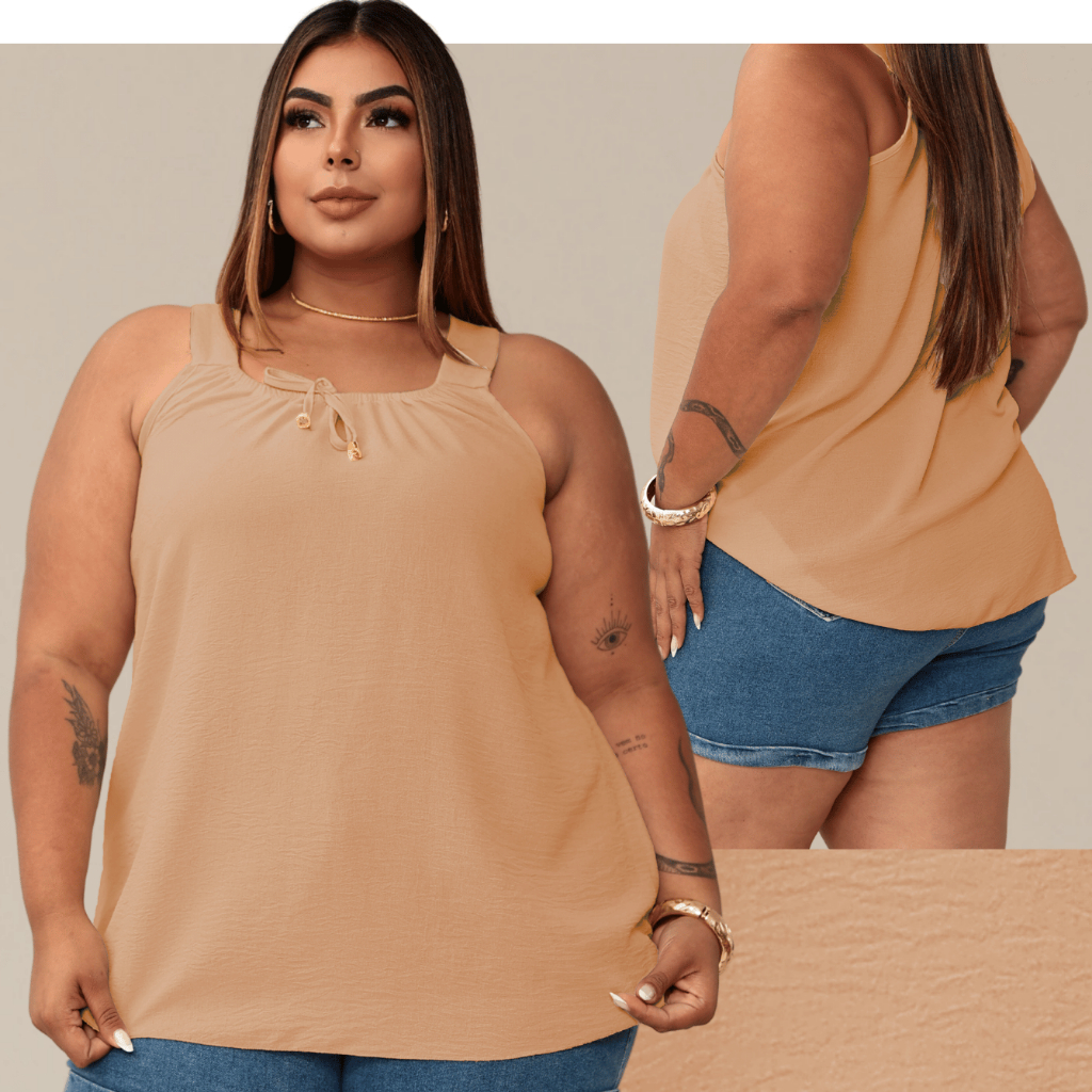 Blusa Regata Feminina Plus Size Elastico Na Gola Com Ponteira Dourada Tendencia