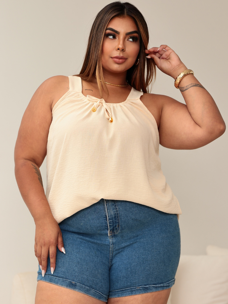 Blusa Regata Feminina Plus Size Elastico Na Gola Com Ponteira Dourada Tendencia
