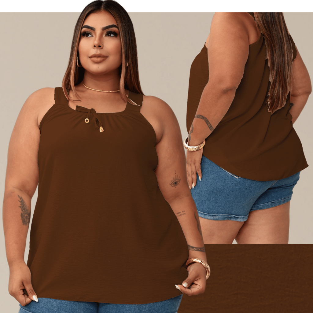 Blusa Regata Feminina Plus Size Elastico Na Gola Com Ponteira Dourada Tendencia