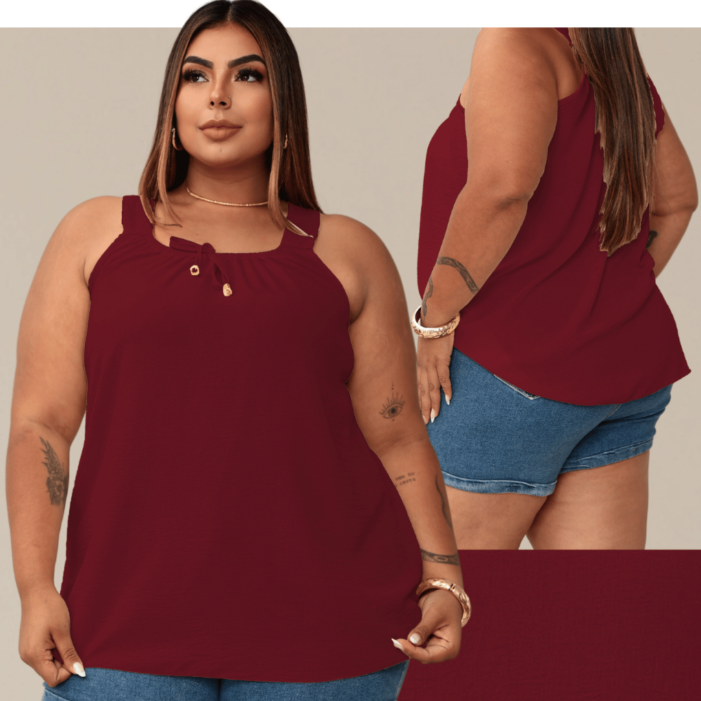 Blusa Regata Feminina Plus Size Elastico Na Gola Com Ponteira Dourada Tendencia