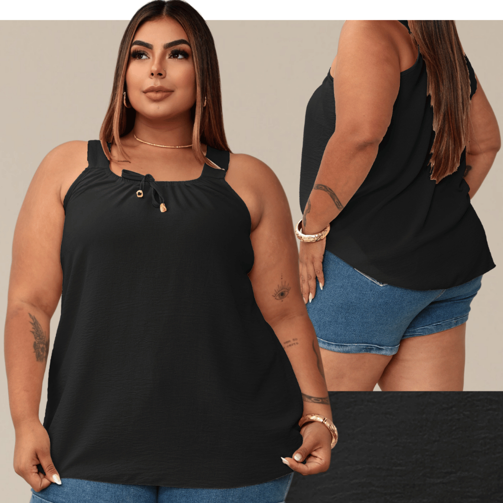 Blusa Regata Feminina Plus Size Elastico Na Gola Com Ponteira Dourada Tendencia