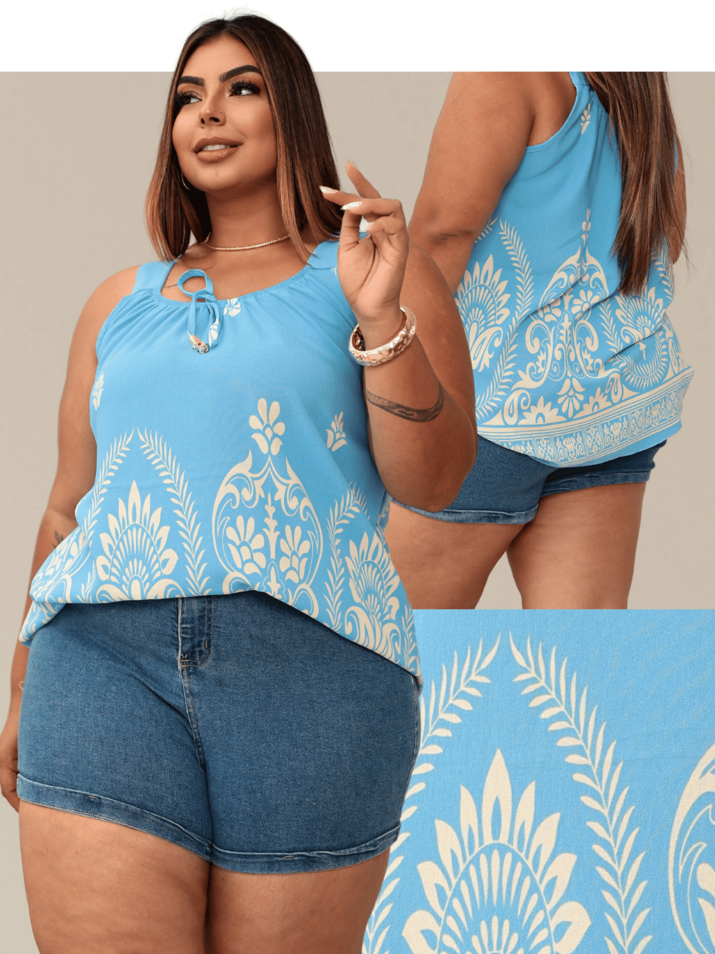 Blusa Regata Feminina Plus Size Elastico Na Gola Com Ponteira Dourada Tendencia