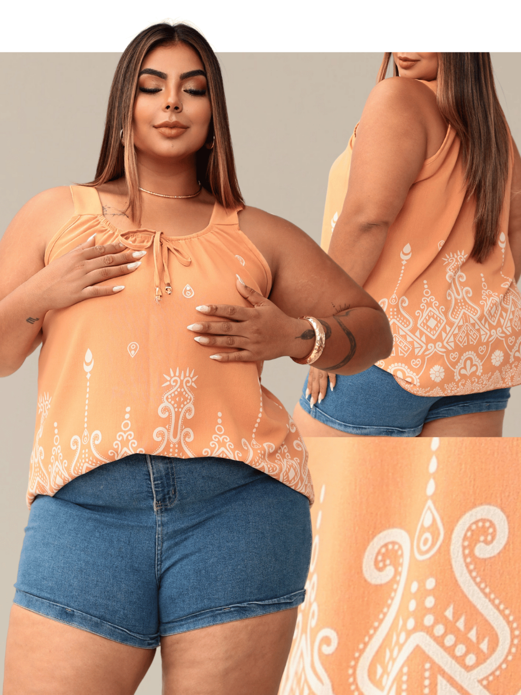 Blusa Regata Feminina Plus Size Elastico Na Gola Com Ponteira Dourada Tendencia