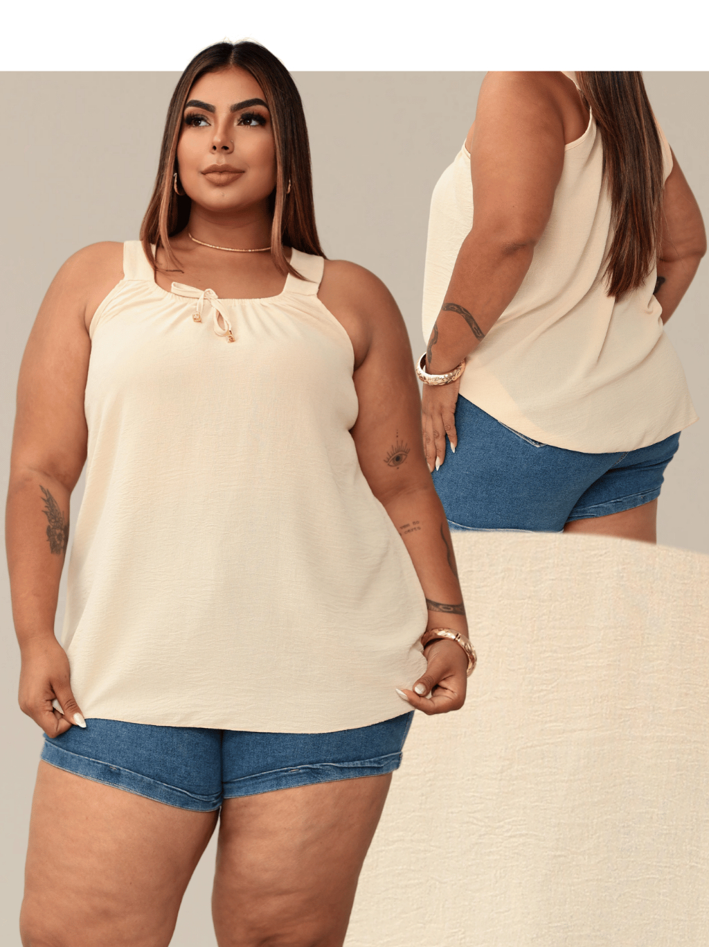 Blusa Regata Feminina Plus Size Elastico Na Gola Com Ponteira Dourada Tendencia