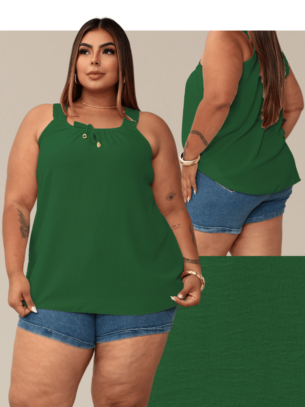 Blusa Regata Feminina Plus Size Elastico Na Gola Com Ponteira Dourada Tendencia