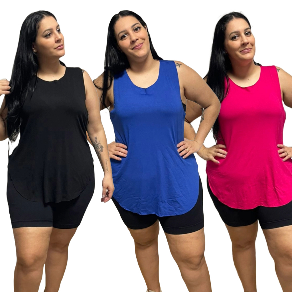 KIT 3 Regata Plus Size Feminina Tapabumbum Nadador Fitness Academia Viscolycra