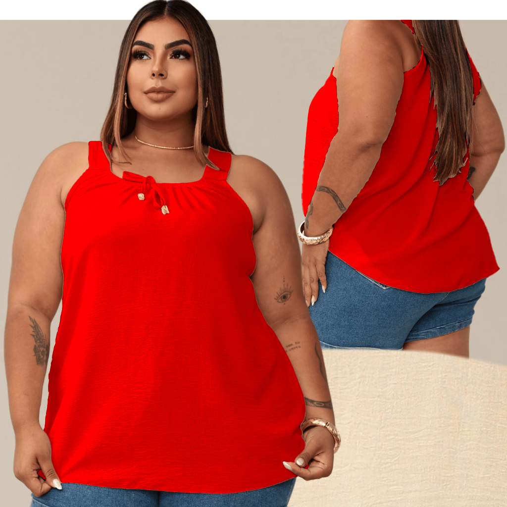 Blusa Regata Feminina Plus Size Elastico Na Gola Com Ponteira Dourada Tendencia