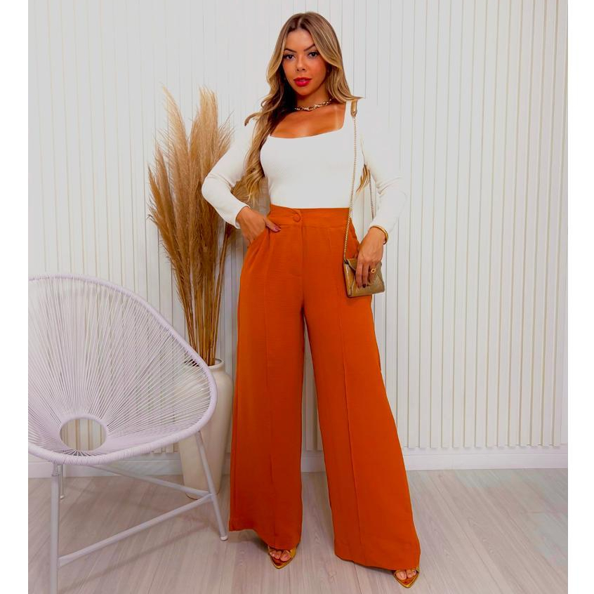 Calça GG Feminina Pantalona Wide Leg Duna com Botão Tendência 2025