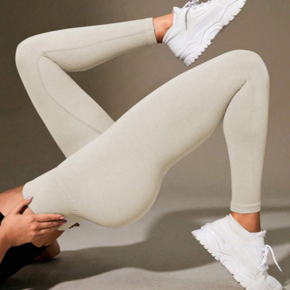Calça Legging Canelada de Cintura Alta Sem Costura para Academia Feminina, Elástica e Fitness