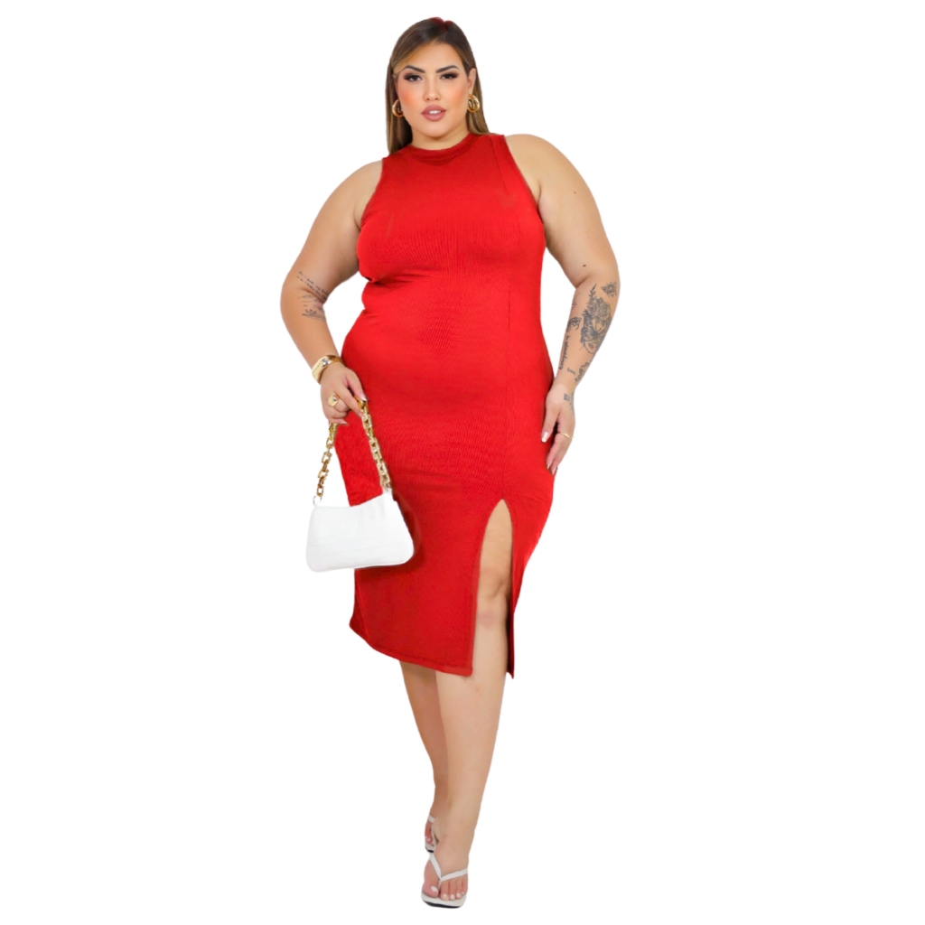 Vestido Midi PAZME Plus Size Regata Larga C/ Fenda Frontal