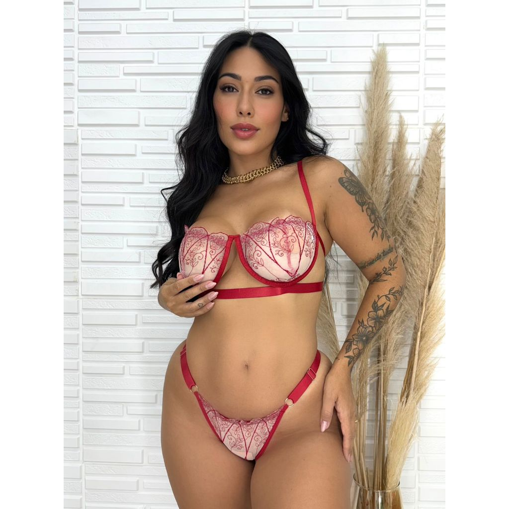Conjunto lingerie calcinha sutiã com aro moda intima Gringa tule Bordado