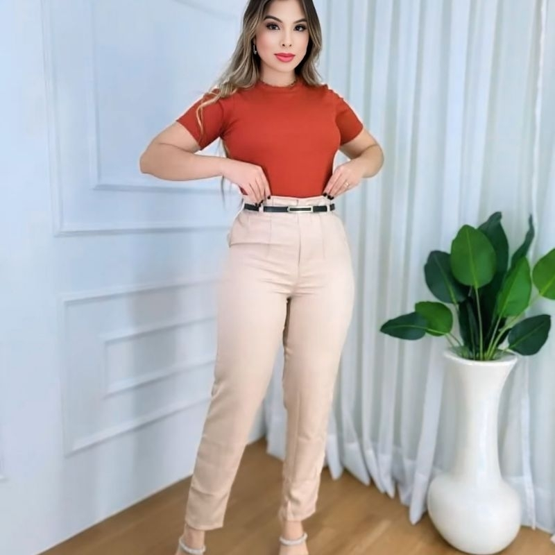 CALÇA FEMININA ALFAIATARIA ZARA CINTURA ALTA COM ZÍPER NA LATERAL ACOMPANHA CINTO