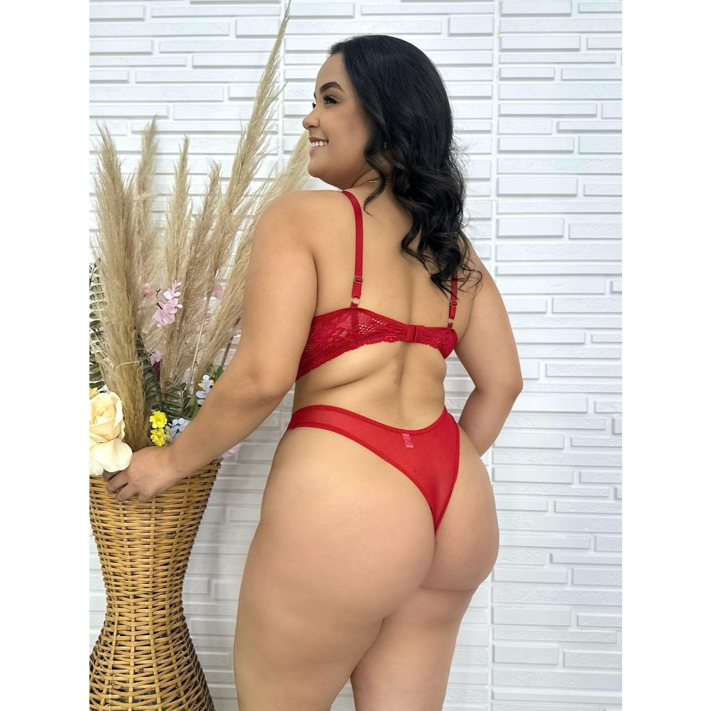 Conjunto calcinha e sutiã plus size em tule e renda moda intima REBECA