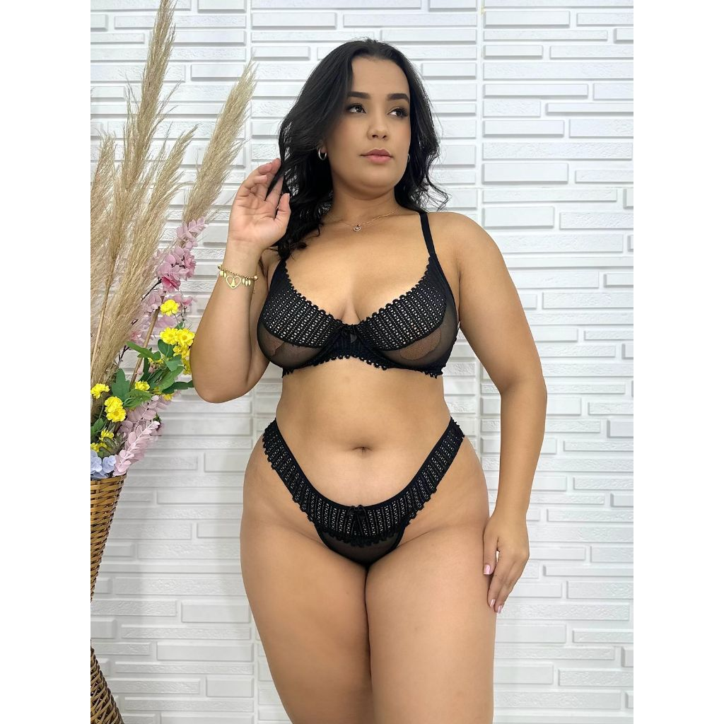 Conjunto calcinha e sutiã plus size em tule e renda moda intima REBECA
