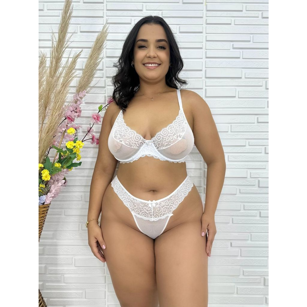 Conjunto calcinha e sutiã plus size em tule e renda moda intima REBECA