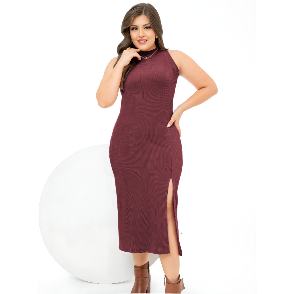 Vestido Midi PAZME Plus Size Regata Larga C/ Fenda Frontal