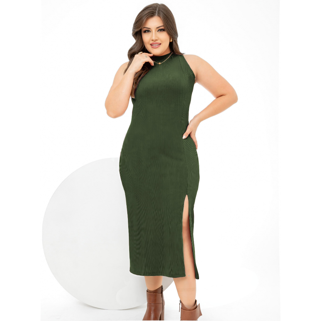 Vestido Midi PAZME Plus Size Regata Larga C/ Fenda Frontal
