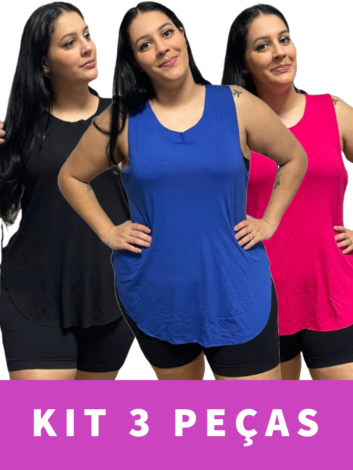 KIT 3 Regata Plus Size Feminina Tapabumbum Nadador Fitness Academia Viscolycra